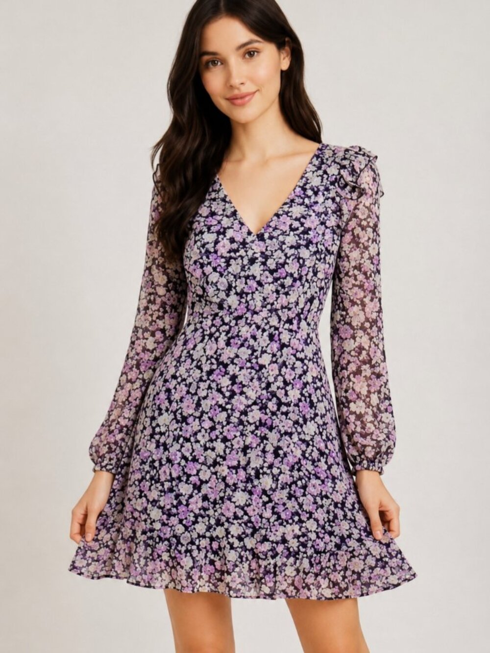 Vero Moda Floral Babydoll Mini Dress Long Sheer Sleeves V-Neck Ruffle Hem NWT